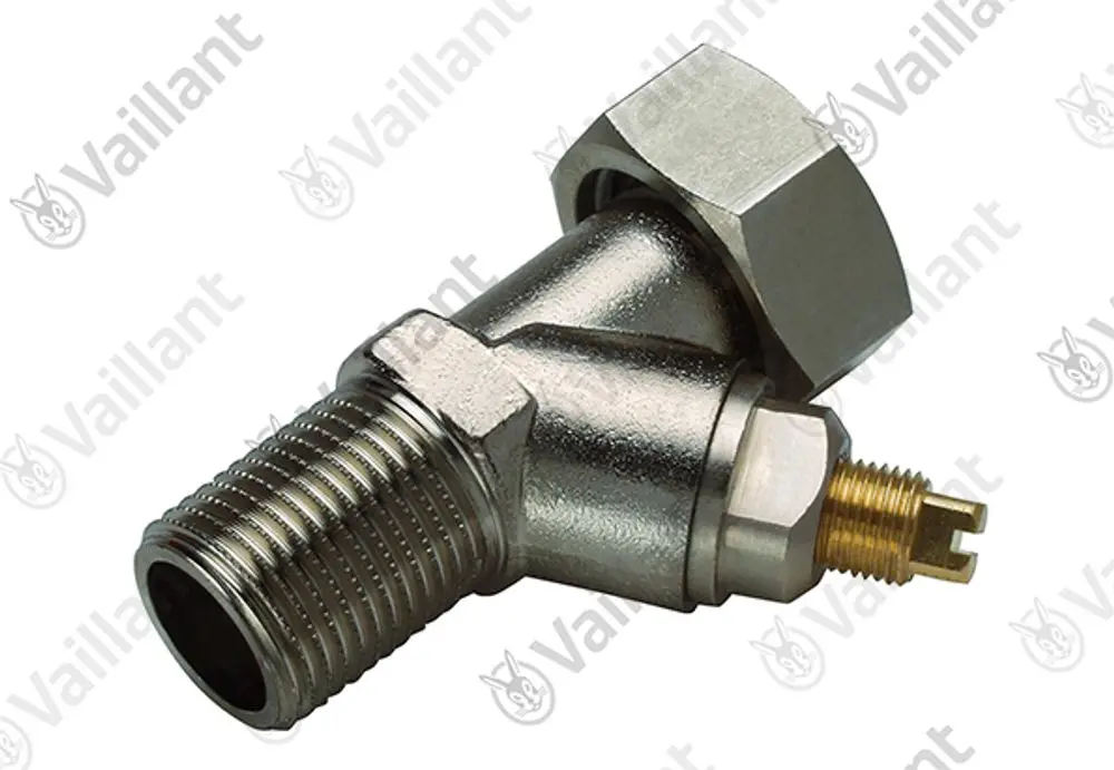 Metallischer Anschluss von Vaillant mit einem gewindeten Ende und einem weiteren Anschluss zur Befestigung. Geeignet für Verbindung im Kaltwassersystem.